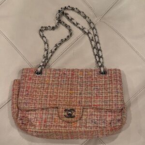 CHANEL Multicolor Pink Tweed Shoulder Bag with Silver Chain